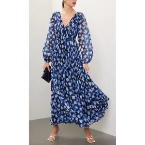 Monique Lhuillier Melanie Long-Sleeve V-Neck Pleated Maxi  Blue Floral Dress
